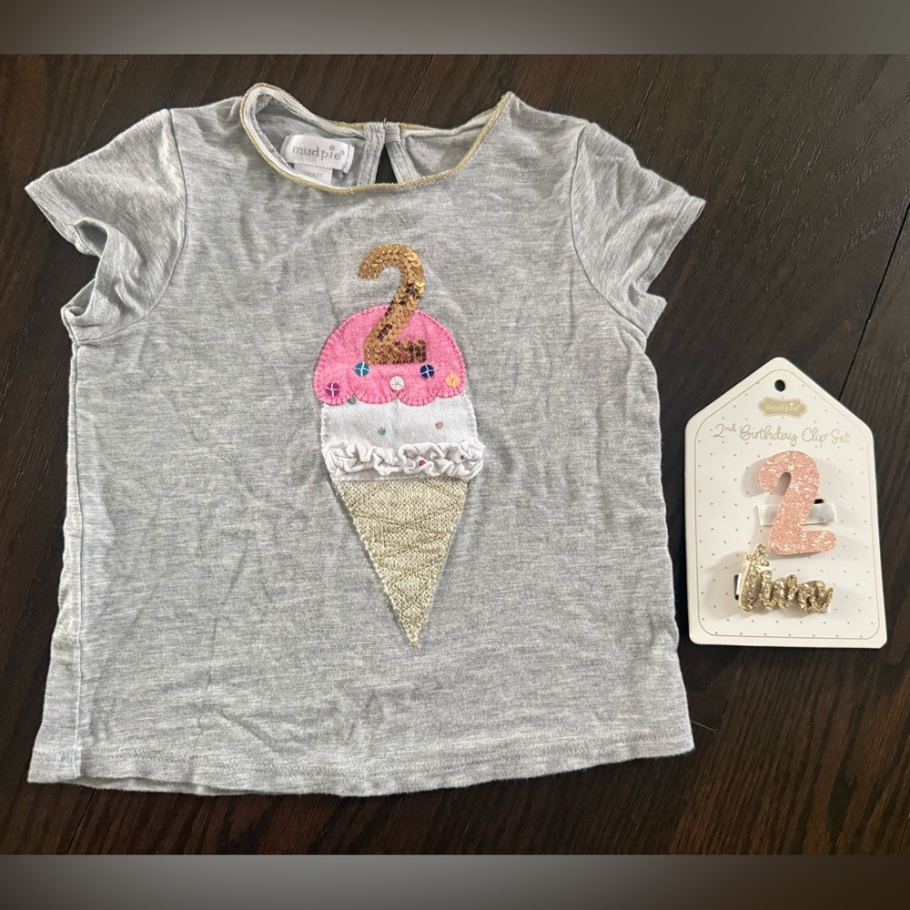 Mud Pie Gray Ice Cream Cone Kids Tee 2 Second Birthday Party Hair Clip Set